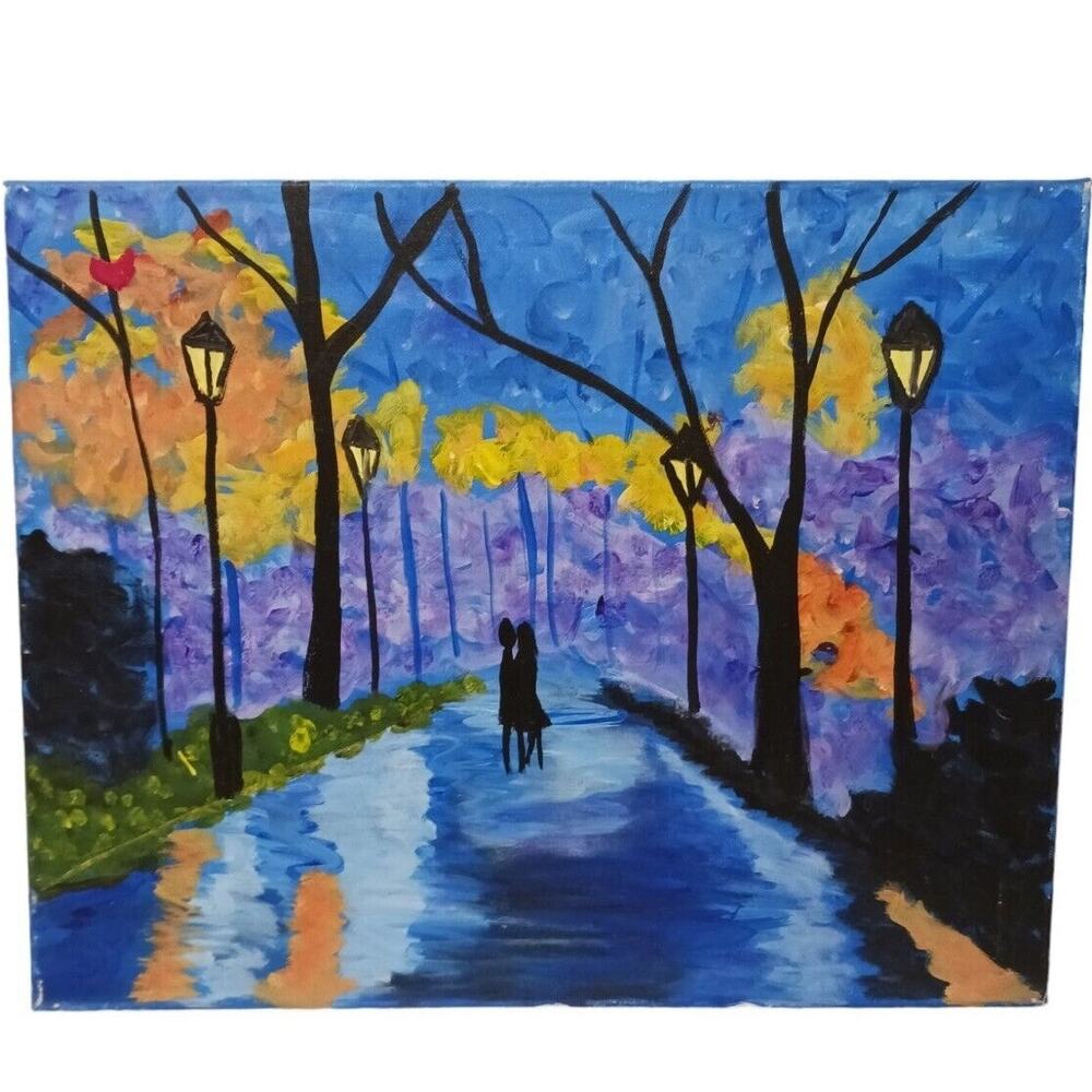 Art Deco Painting Couple Lovers Midnight City Park 20x16 Purple Blue Black Artsy